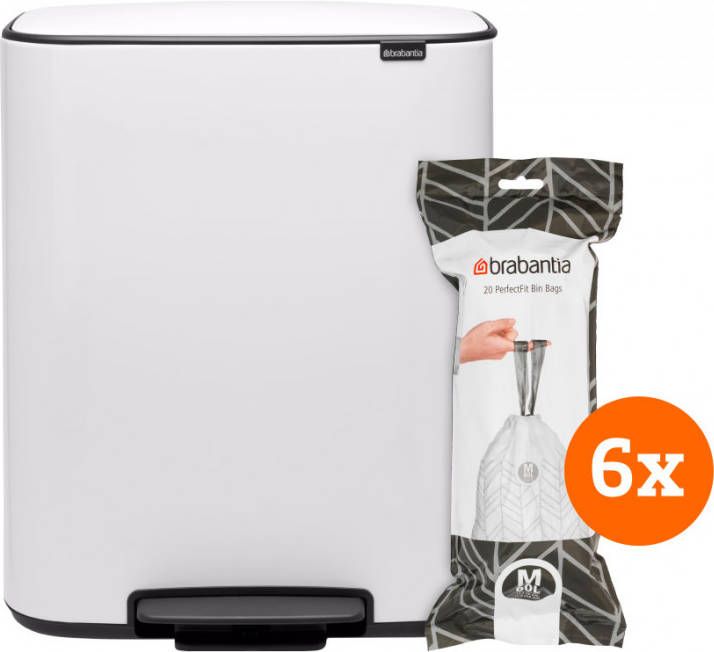 Brabantia Bo Pedal Bin 60 Liter White + Vuilniszakken (120 stuks)