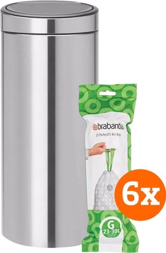 Brabantia Touch Bin 30 Liter Matt Steel Fingerprint Proof + Vuilniszakken (120 stuks)