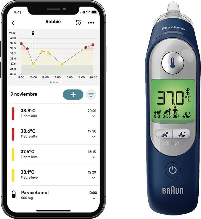 Braun IRT6575NWE ThermoScan 7+ connect Oorthermometer Werkt met Family Care™-app Age Precision -technologie Digitaal display met kleurcodes Prettig voor baby's kinderen Merk nr. 1 bij artsen