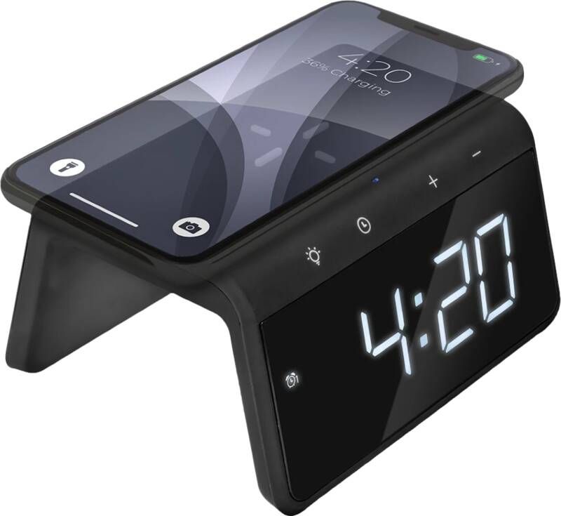 Caliber Digitale Wekker met Oplader Draadloze oplader Qi QC3.0 15 Watt Snellader Dual Alarmklok geschikt als kinderwekker 8 Kleuren Nachtlamp Kleur Zwart (HCG019QI-BA)
