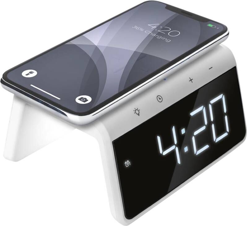 Caliber Digitale Wekker met Oplader Draadloze oplader Qi QC3.0 15 Watt Snellader Dual Alarmklok geschikt als kinderwekker 8 Kleuren Nachtlamp Kleur Wit (HCG019QI-WA)