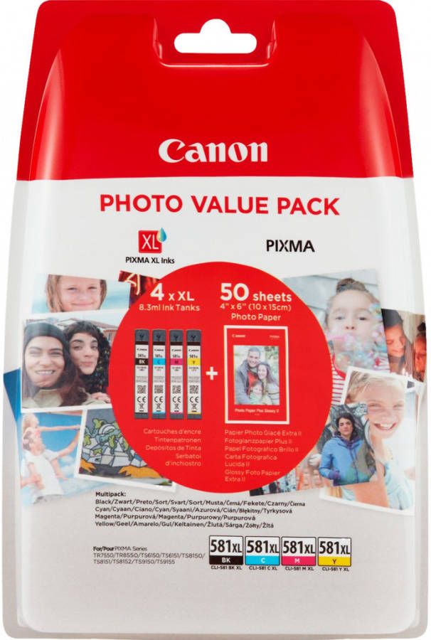 Canon CLI-581XL 4-pack met fotopapier zwart en kleur cartridge