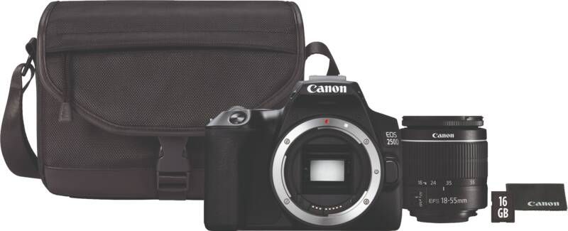 Canon EOS 250D Zwart + 18-55mm f 3.5-5.6 DC III + Tas + 16GB geheugenkaart + doekje