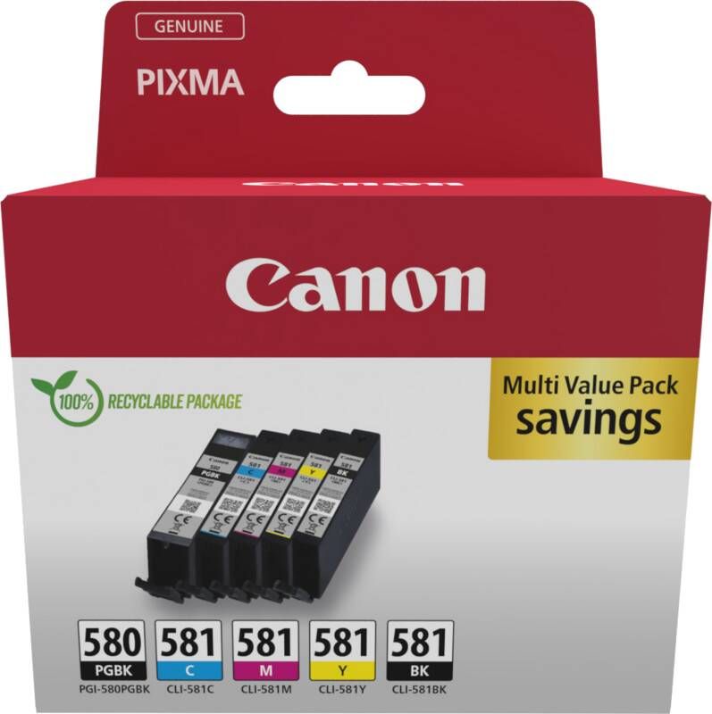 Canon inktcartridge 1 x PGI-580PGBK zwart + 1 x CLI-581 200 1.660 pagina&apos;s OEM 2078C008 4 kleuren