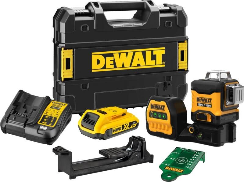 DeWalt DCE089D1G18 12V 18V Li-ion accu zelfnivellerende 3x 360 graden kruislijnlaser set (1x 2.0Ah accu) in koffer 3 lijnen 30m groen