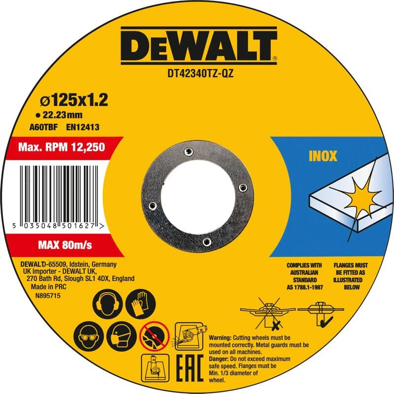 DeWalt DT42340TZ Doorslijpschijf in blik 125 x 22 23 x 1 2mm inox (10st)