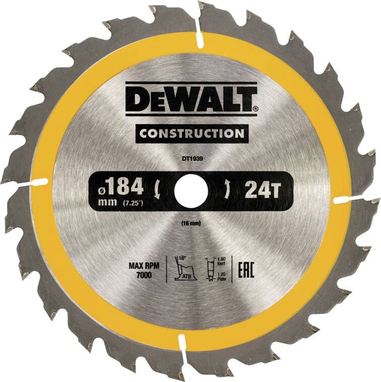 DeWalt Cirkelzaagblad voor Hout Construction Ø 184mm Asgat 16mm 24T DT1939-QZ