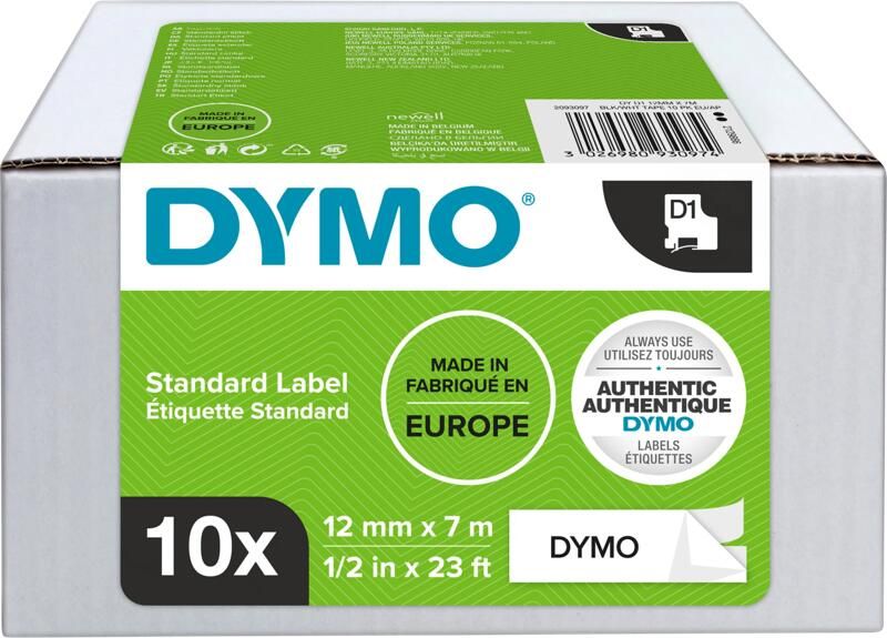 Dymo D1 12mm x 7m 10 tapes Zwart Wit Labels