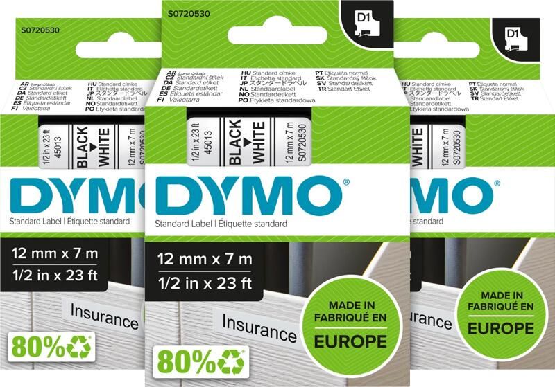 Dymo D1 12mm x 7m Zwart Wit Labels 3-pack