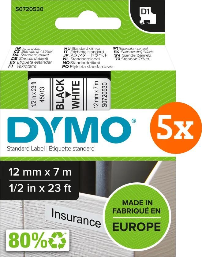 Dymo D1 12mm x 7m Zwart Wit Labels 5-pack