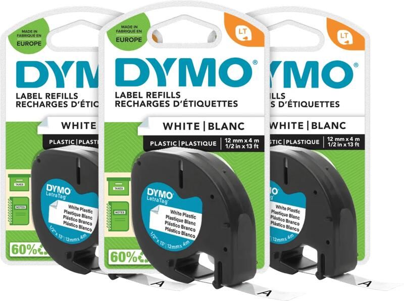 Dymo LetraTag 12mm x 4m Zwart Wit Labels 3-pack