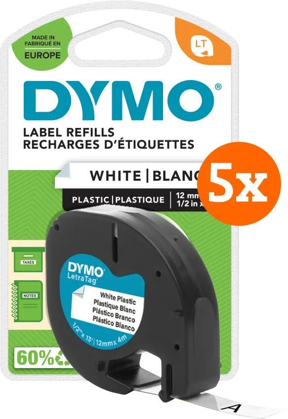 Dymo LetraTag 12mm x 4m Zwart Wit Labels 5-pack