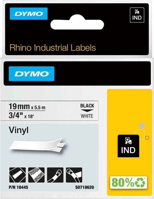 Dymo Rhino 19mm x 5 5m Zwart Wit Vinyl Labels