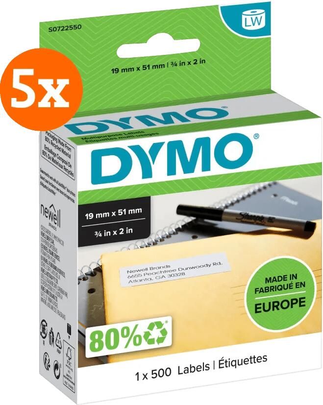 Dymo Verwijderbaar Etiket 19 x 51 mm 500 stuks 5-pack
