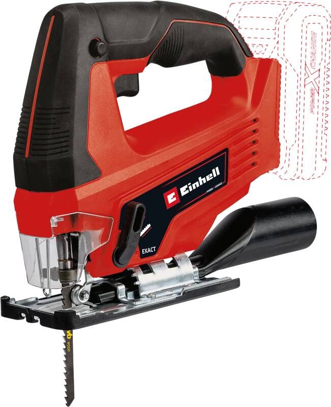Einhell Accu decoupeerzaag TC-JS 18 Li Solo Power X-Change (li-ion 18 V 20 mm slaghoogte versteksneden max. 45° pendelbeweging gereedschapsloze zaagbladopname incl. zaagblad zonder accu lader)