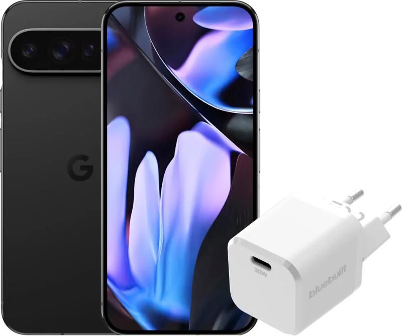 Google Pixel 9 Pro XL 256GB Zwart 5G + BlueBuilt Oplader met Usb C Poort 30W Wit