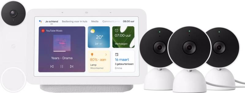 Google Nest Cam Indoor Wired 3-pack + Nest Deurbel + Nest Hub 2