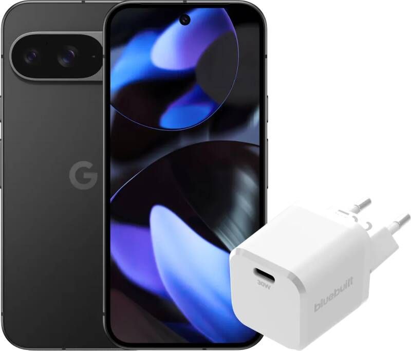 Google Pixel 9 256GB Zwart 5G + BlueBuilt Oplader 30W Wit