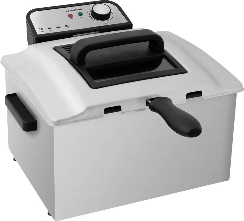 Inventum GF750S Frituurpan 5 liter Tot 190 graden 3000 watt Koude zone 1 grote 2 kleine manden Anti reukfilter Kijkvenster Friteuse RVS Zwart