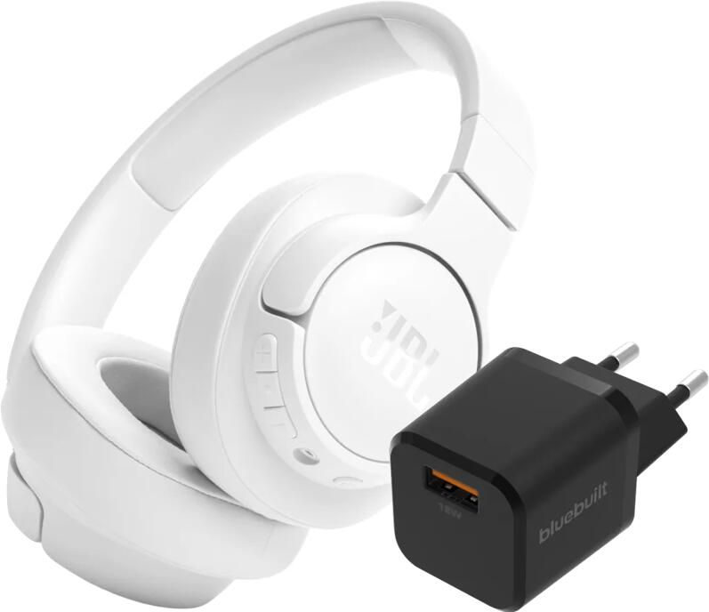JBL Tune 720BT Wit + BlueBuilt Quick Charge Oplader met Usb A Poort 18W Zwart