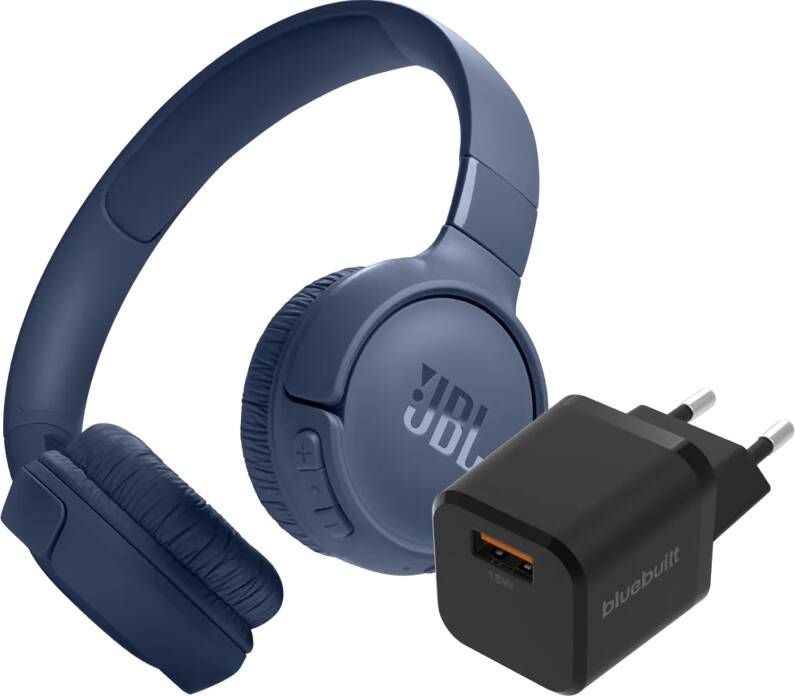 JBL Tune 520BT Blauw + BlueBuilt Quick Charge Oplader met Usb A Poort 18W Zwart