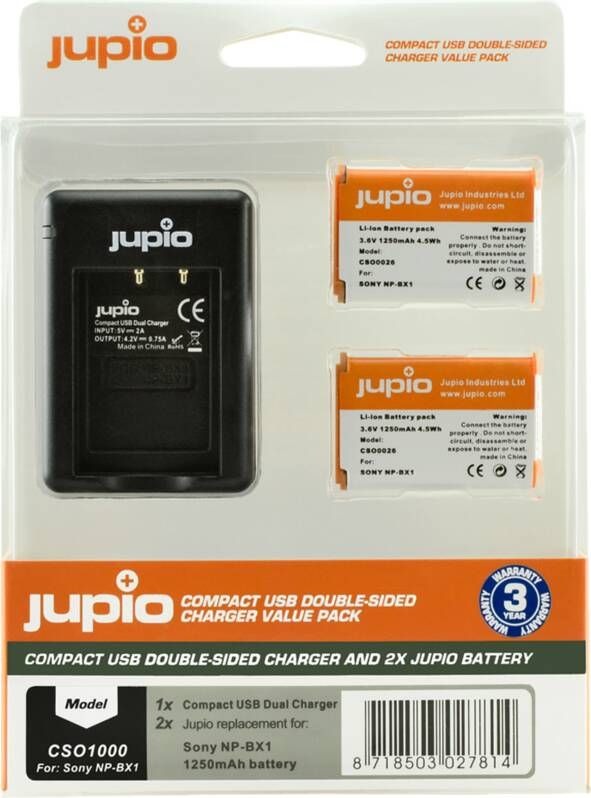 Jupio Kit: 2x Battery NP-BX1 + Compact USB Double-Sided Char | Laders | Fotografie Camera toebehoren | 8718503027814