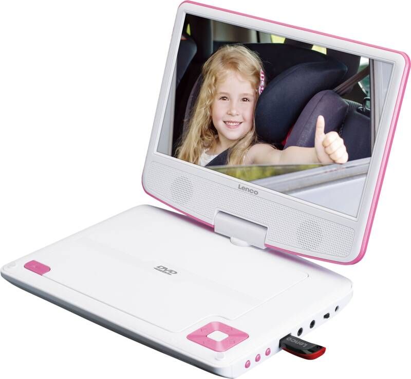 Lenco Portable 9 DVD-speler met USB-hoofdtelefoon-ophangbeugel Wit-Roze