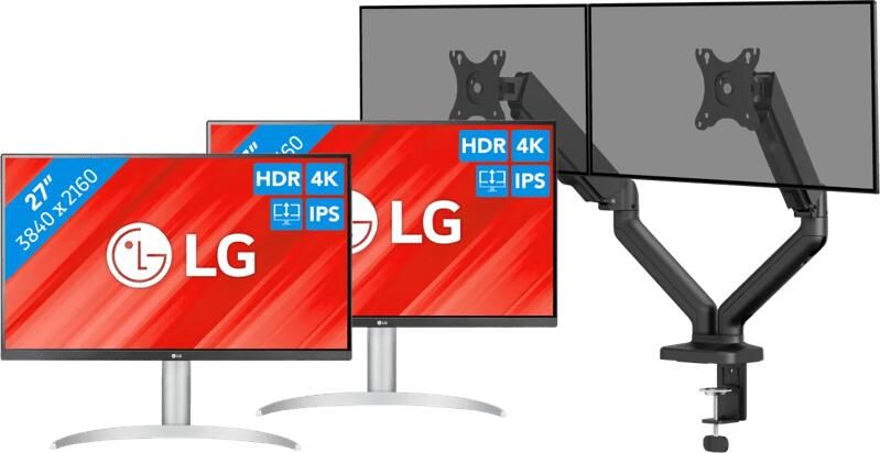 LG 27UP83AK-W Duo Pack + BlueBuilt Monitorarm Mechanische Veer voor 2 Monitoren