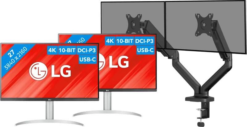 LG 27UP850K-W.AEU Duo Pack + BlueBuilt Monitorarm Mechanische Veer voor 2 Monitoren