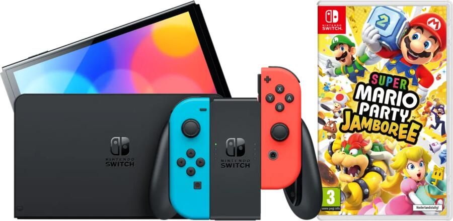 Nintendo Switch OLED Blauw Rood + Mario Party Jamboree