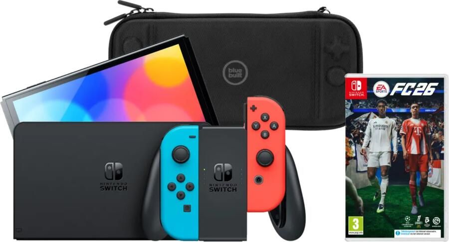 Nintendo Switch OLED Blauw Rood + EA Sports FC 26 + BlueBuilt Beschermhoes