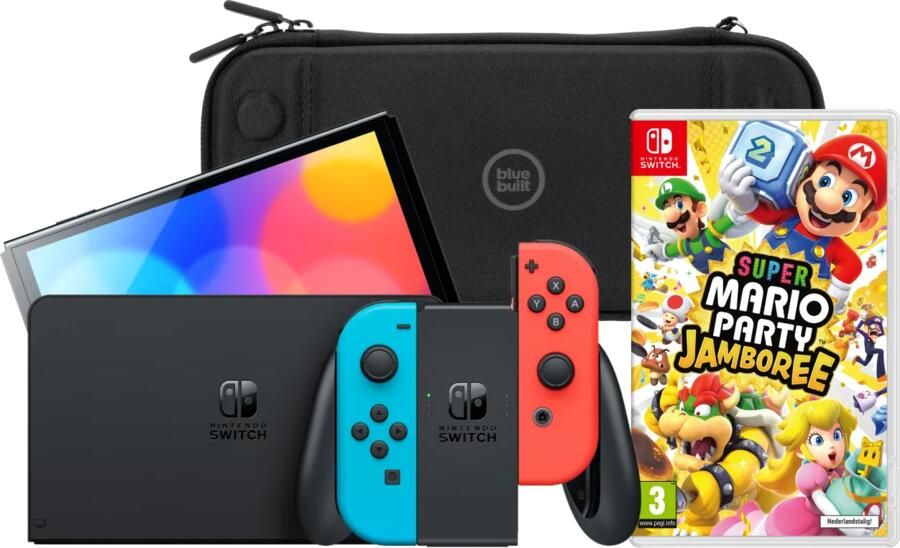 Nintendo Switch OLED Blauw Rood + Mario Party Jamboree + BlueBuilt Beschermhoes