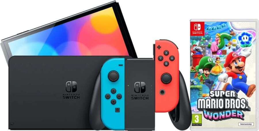 Nintendo Switch OLED Blauw Rood + Super Mario Bros. Wonder