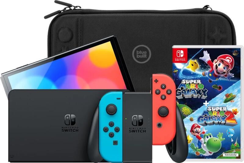 Nintendo Switch OLED Blauw Rood + Super Mario Galaxy 1+2 + BlueBuilt Beschermhoes