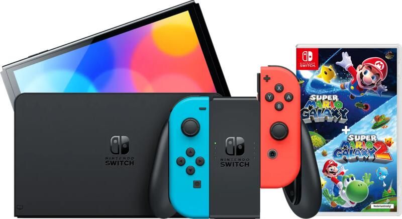 Nintendo Switch OLED Blauw Rood + Super Mario Galaxy 1+2