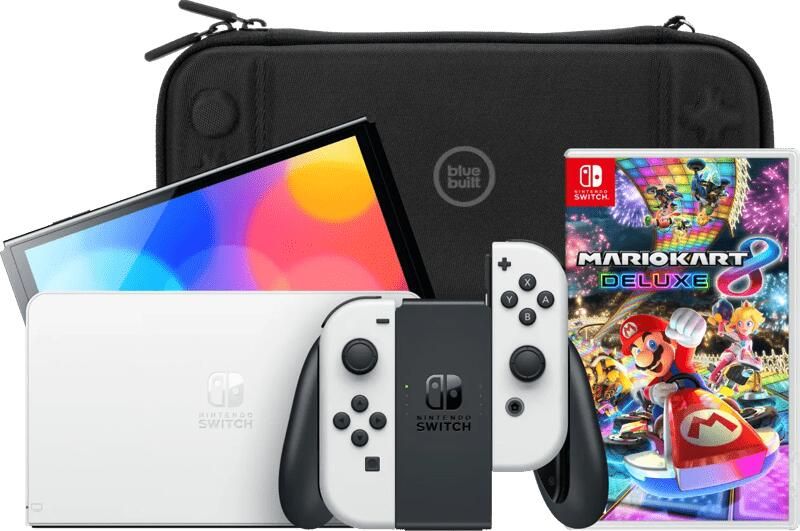 Nintendo Switch OLED Wit + Mario Kart 8 Deluxe + BlueBuilt Beschermhoes