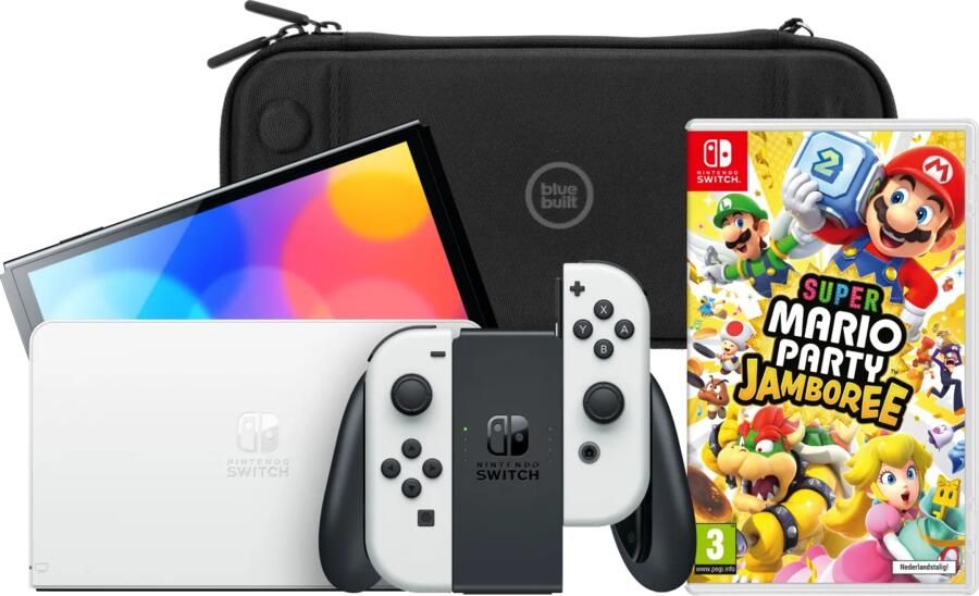 Nintendo Switch OLED Wit + Mario Party Jamboree + BlueBuilt Beschermhoes
