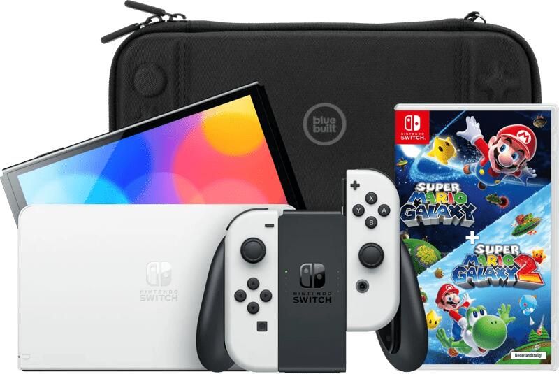 Nintendo Switch OLED Wit + Super Mario Galaxy 1+2 + BlueBuilt Beschermhoes