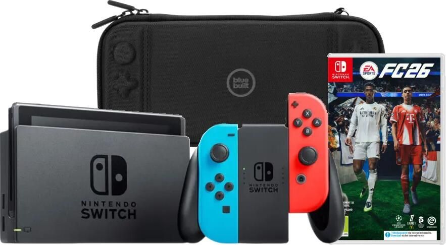 Nintendo Switch Rood Blauw + EA Sports FC 26 + BlueBuilt Beschermhoes