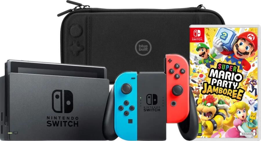 Nintendo Switch Rood Blauw + Mario Party Jamboree + BlueBuilt Beschermhoes
