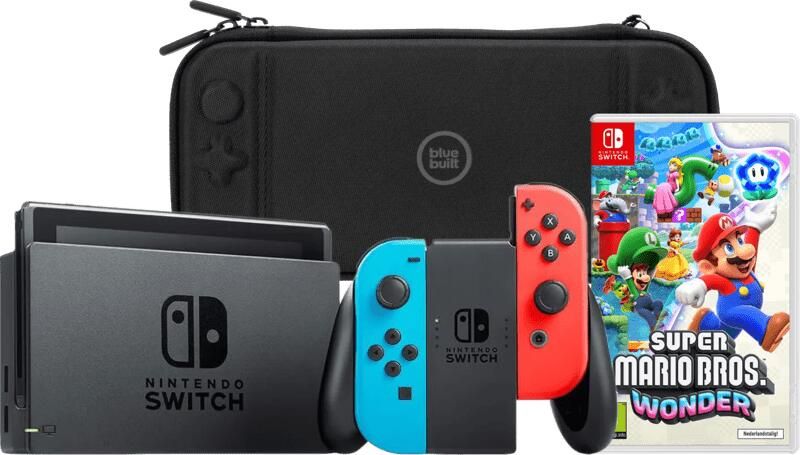 Nintendo Switch Rood Blauw + Super Mario Bros. Wonder + BlueBuilt Beschermhoes