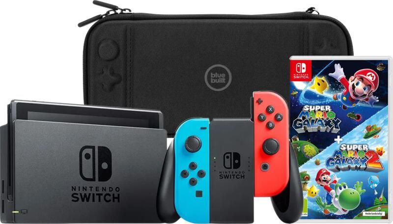 Nintendo Switch Rood Blauw + Super Mario Galaxy 1+2 + BlueBuilt Beschermhoes