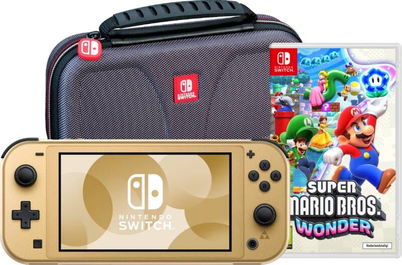 Nintendo Switch Lite Zelda Edition + Super Mario Bros. Wonder + Beschermhoes