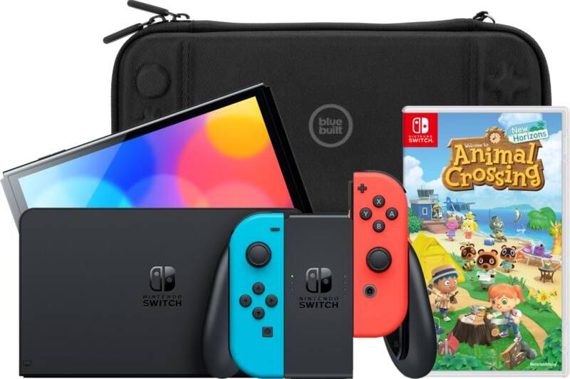 Nintendo Switch OLED Blauw Rood + Animal Crossing New Horizons + BlueBuilt Beschermhoes