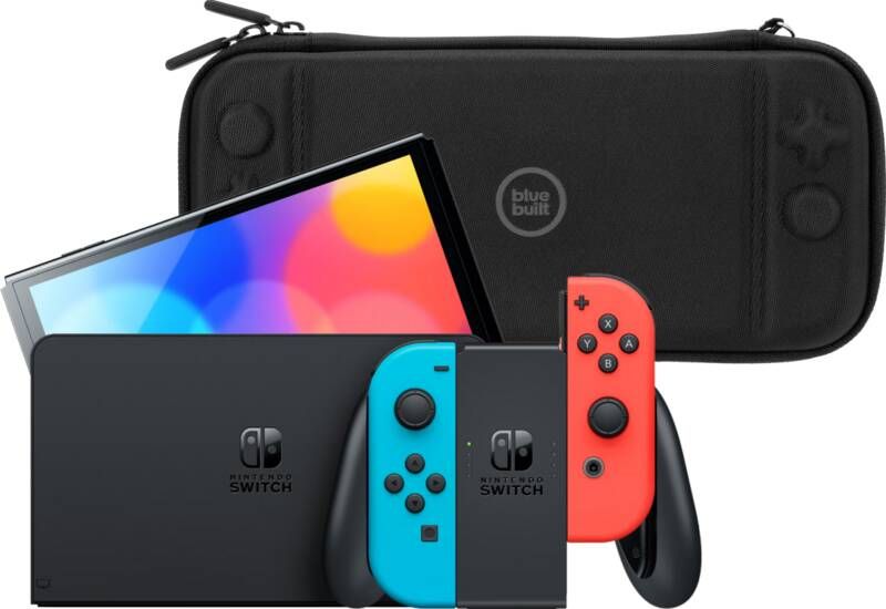 Nintendo Switch OLED Blauw Rood + BlueBuilt Beschermhoes