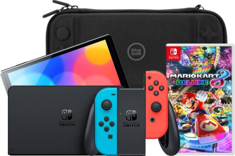 Nintendo Switch OLED Blauw Rood + Mario Kart 8 Deluxe + BlueBuilt Beschermhoes