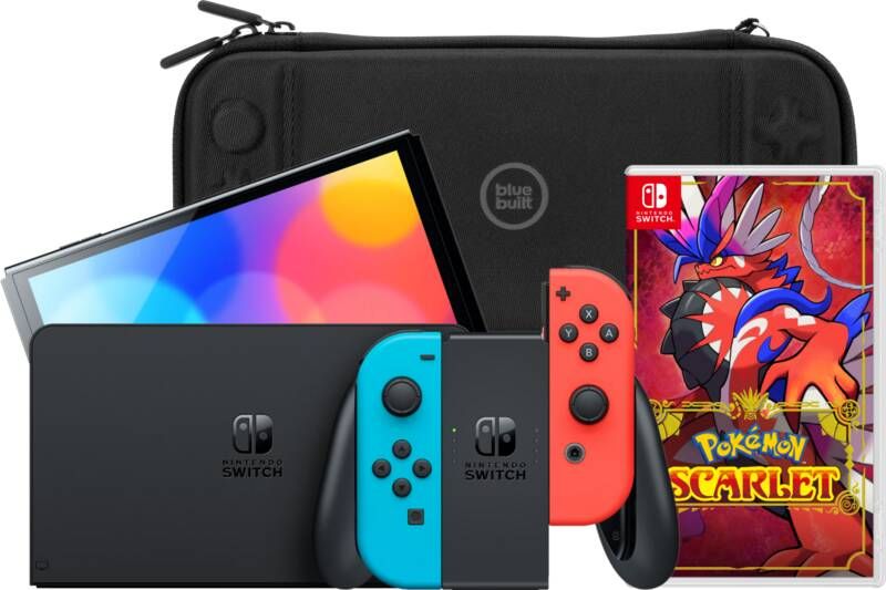 Nintendo Switch OLED Blauw Rood + Pokémon Scarlet + BlueBuilt Beschermhoes