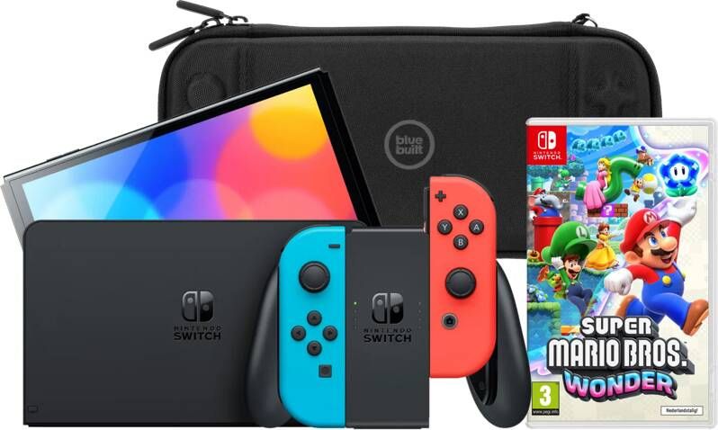 Nintendo Switch OLED Blauw Rood + Super Mario Bros. Wonder + BlueBuilt Beschermhoes