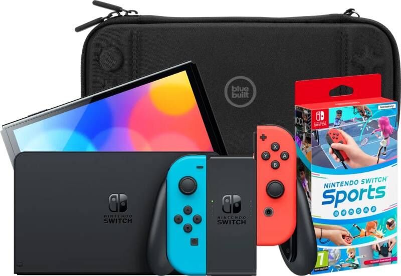 Nintendo Switch OLED Blauw Rood + Switch Sports + BlueBuilt Beschermhoes