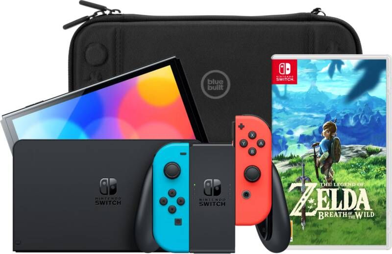 Nintendo Switch OLED Rood Blauw + Zelda: Breath of the Wild + Bluebuilt Beschermhoes